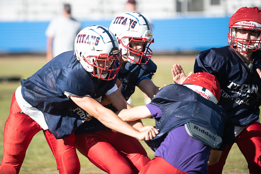 PWV ran through several offensive plays at their practice on Aug. 19, and for the first time, they had the pads on.