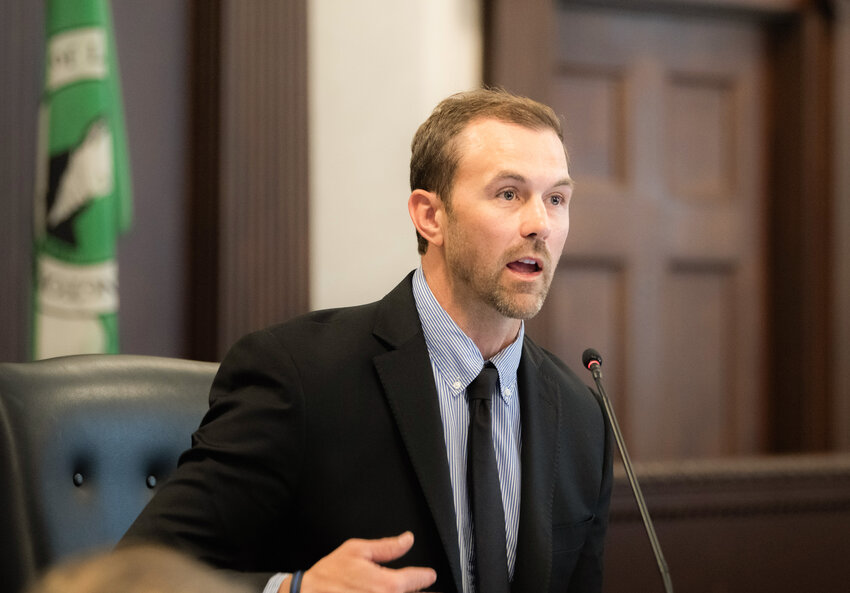 Lewis County Commissioner Sean Swope responds to concerns over an ordinance prohibiting RVs from parking on county roads and the county&rsquo;s right of way during a public hearing at the courthouse on Tuesday morning.