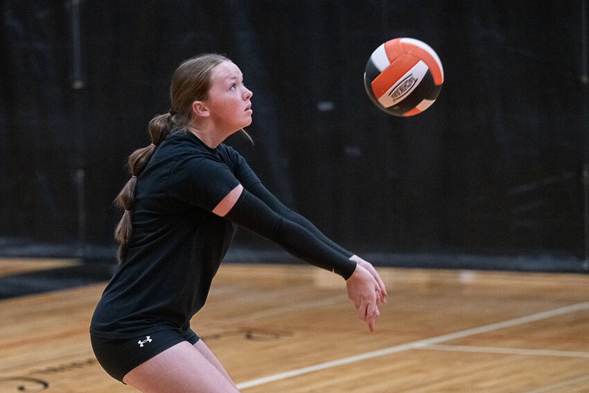 Gracie Schofield digs the ball up during Centralia's practice on Thursday, Aug. 24.