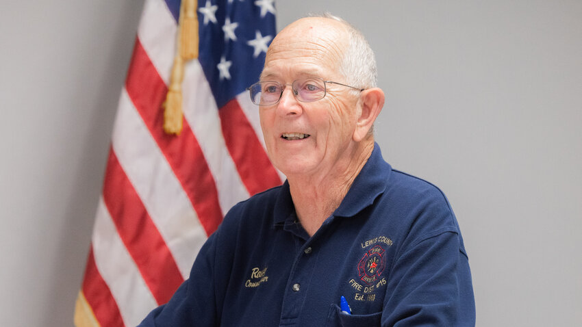 Randy Pennington, a longtime first responder in Lewis County who serves on the board of commissioners for Fire District 15 in Winlock, explains his proposal for a county rule that would criminalize hindering the work of a firefighter during a meeting in Chehalis on Monday.