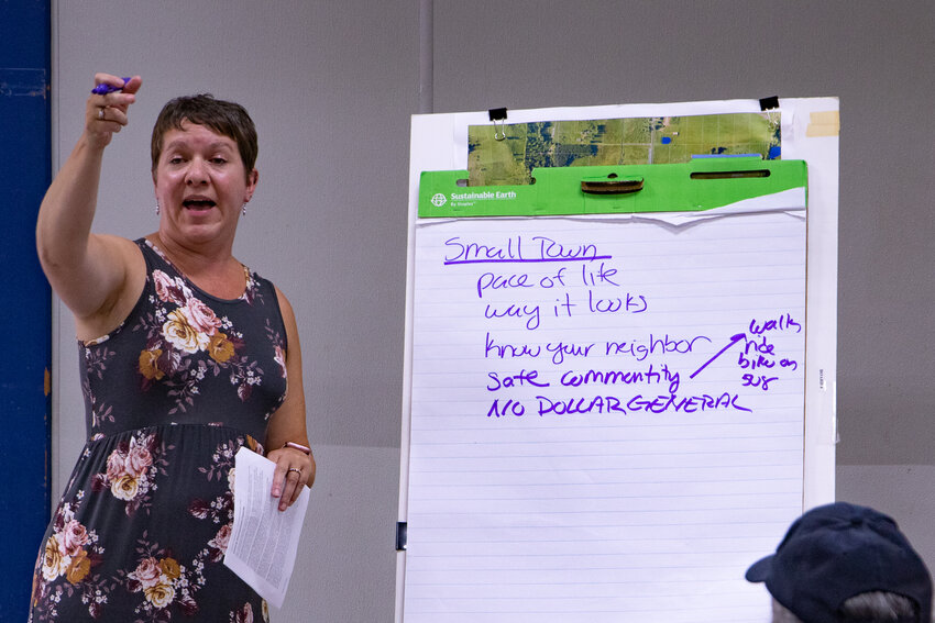Lewis County Senior Long-Range Planner Mindy Brooks asks Onalaska area residents what they want to preserve about the community and what concerns them about future development during a subarea plan meeting on Aug. 23 at the Onalaska Elementary and Middle School.