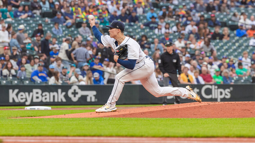 Mariners pitcher Bryan Woo throws strikes during a game in Seattle on Monday, Aug. 28.