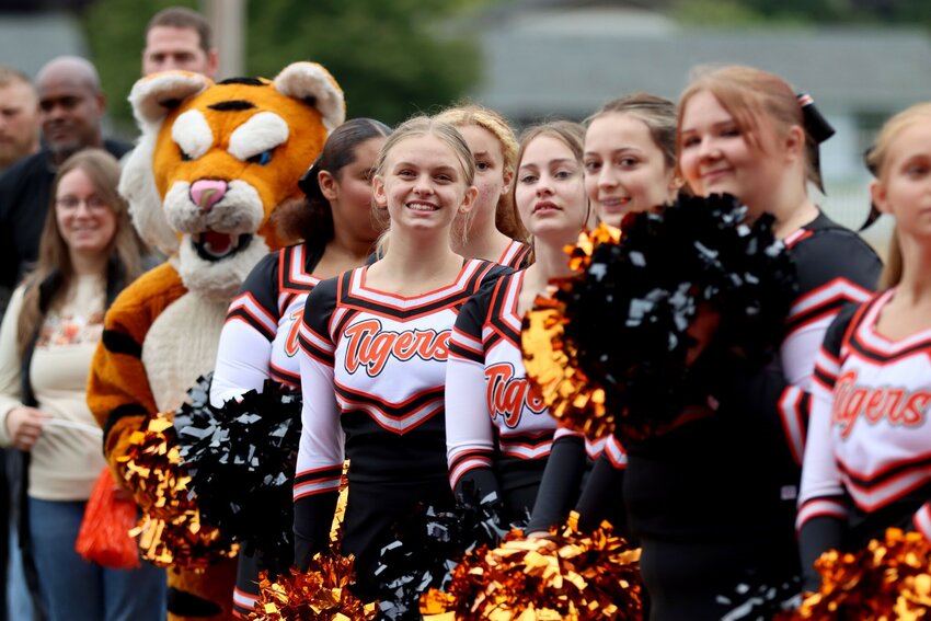 Centralia High School cheerleaders welcome Centralia School District staff during the 2023-24 District Kick Off Day event at Tiger Stadium ahead of the first day of school on Monday, Aug. 28.