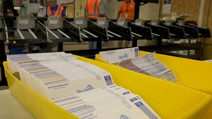 Photo from the Aug. 1, 2023, ballot processing at the Thurston County Ballot Processing Center.