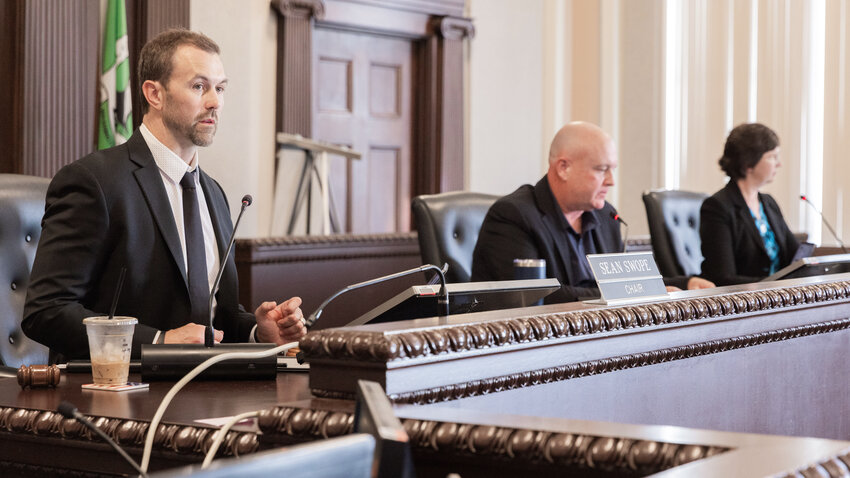 Commissioner Sean Swope addresses concerns with previous mask mandates during a public meeting at the Lewis County Courthouse in Chehalis on Tuesday, Sept. 19.