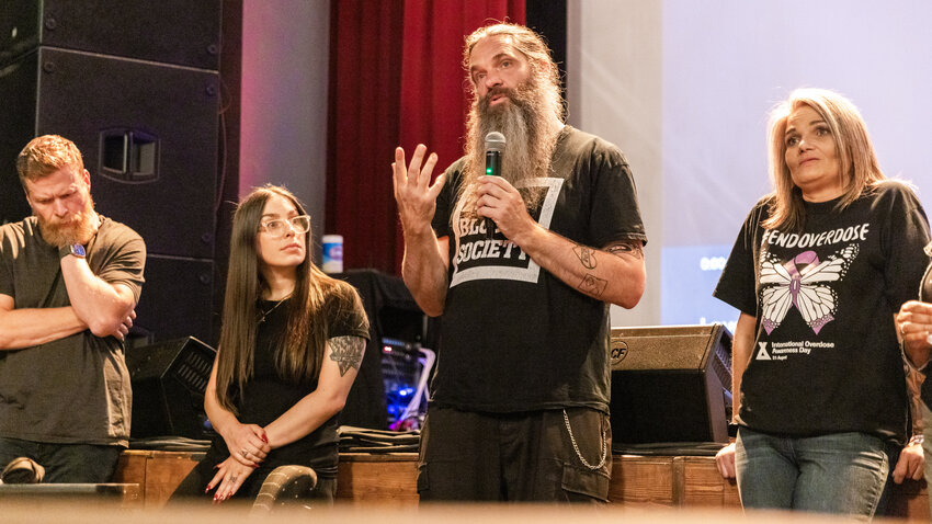 Ronnie Grigg talks about his experience and role in &ldquo;Love in the Time of Fentanyl&rdquo; in front of a crowd of visitors at McFiler&rsquo;s Chehalis Theater on Monday, Sept. 18.