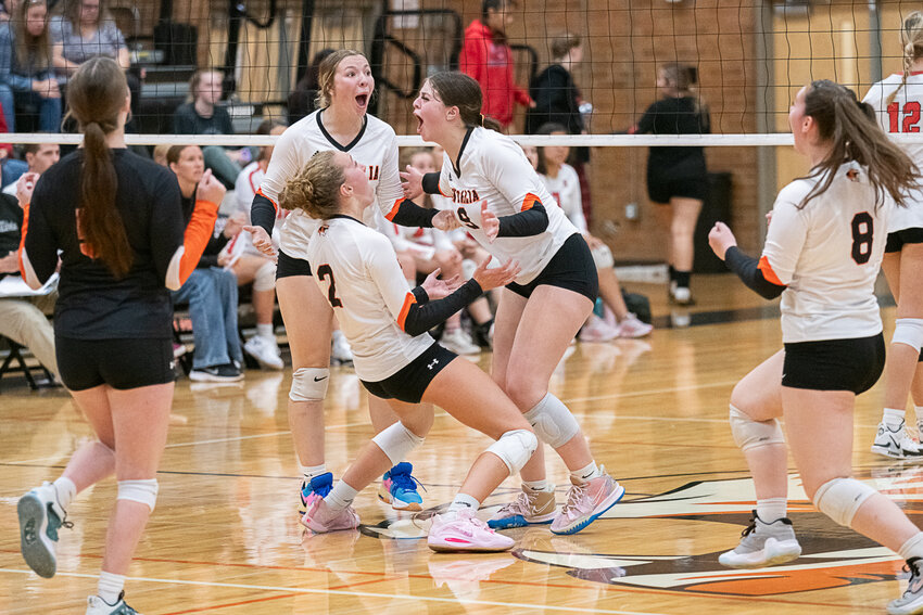 Mikaela Marazita (9) celebrates a spike during the second set of Centralia's match against Shelton on Sept. 19.