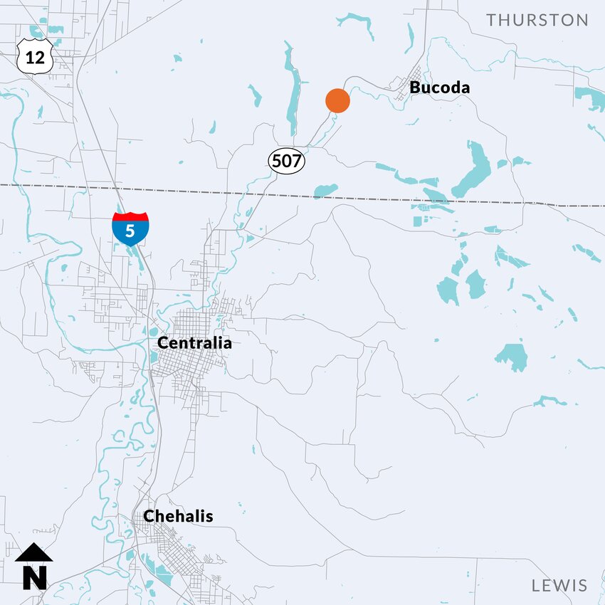 Map of SR 507 near Bucoda with orange dot showing location of work zone near Thurston and Lewis County line. Map also shows Centralia, Chehalis, I-5, US 12 and north arrow pointing up.