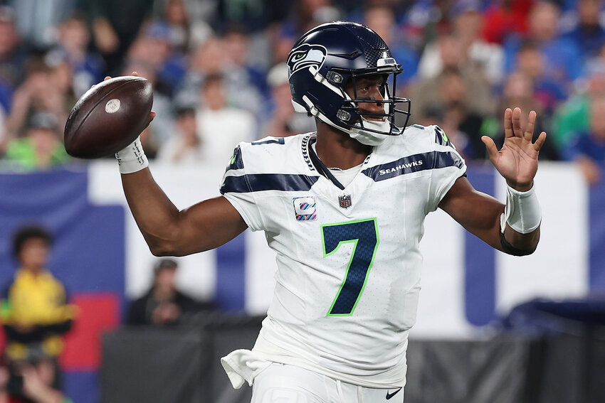 Geno Smith of the Seattle Seahawks throws the ball during the first quarter against the New York Giants at MetLife Stadium on October 2, 2023 in East Rutherford, New Jersey. (Photo by Al Bello/Getty Images/ TNS)
