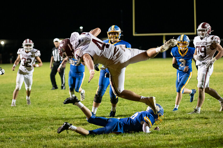 Gage Brumfield dives across the goal line after having his legs swept out from underneath him during W.F. West's victory on Oct. 6.