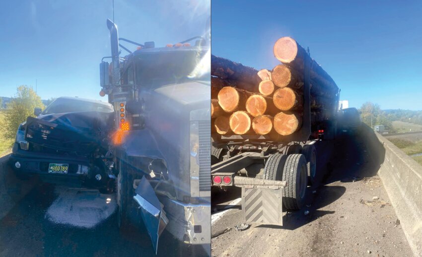 The driver of a pickup truck escaped with minor injuries after being pinned against the Interstate 5 barrier in Chehalis by a logging truck on Friday morning. These photos were provided by Lewis County Fire District 6.