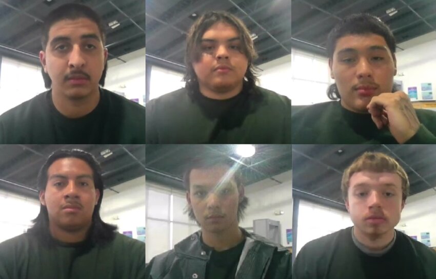 Angel R. Lopez-Ledezma, 18; Angel Lara-Sedano, 18; Kent A. Hewitt, 20; Nathan Pings, 18; Keegan R. Roach, 18; and Jaime Lopez-Merino, 20; appear in Lewis County Superior Court via video from Green Hill School on Tuesday, Oct. 10.