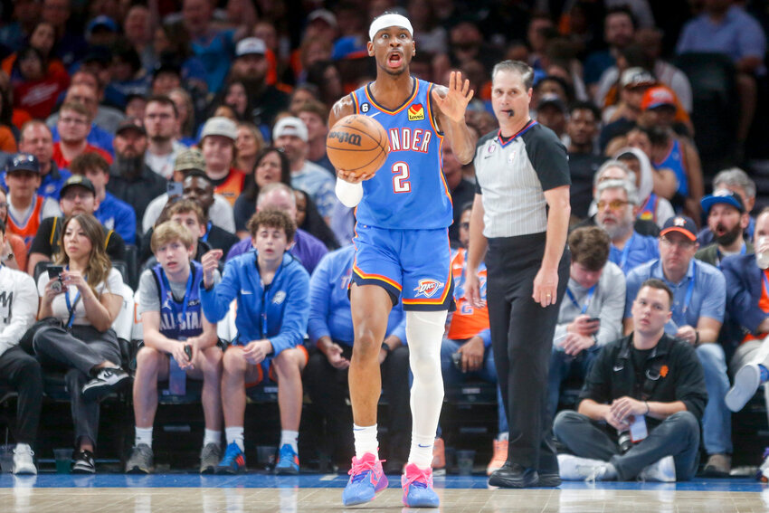 Shai Gilgeous-Alexander of the Oklahoma City Thunder reacts after being called for an offensive foul during the first quarter against the Phoenix Suns at Paycom Center on April 2, 2023 in Oklahoma City, Oklahoma. (Photo by Ian Maule/Getty Images/TNS)