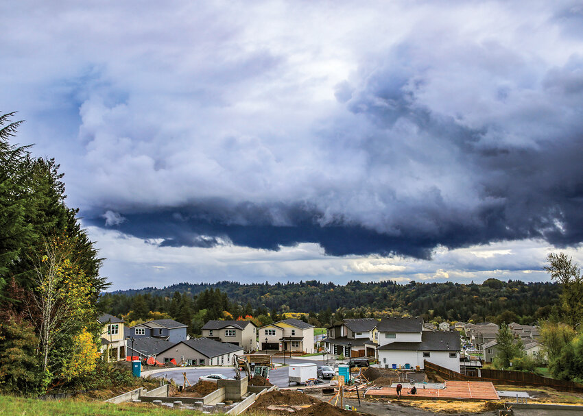 Ominous clouds filled the skies after the tornado struck La Center on Wednesday, Oct. 11.
