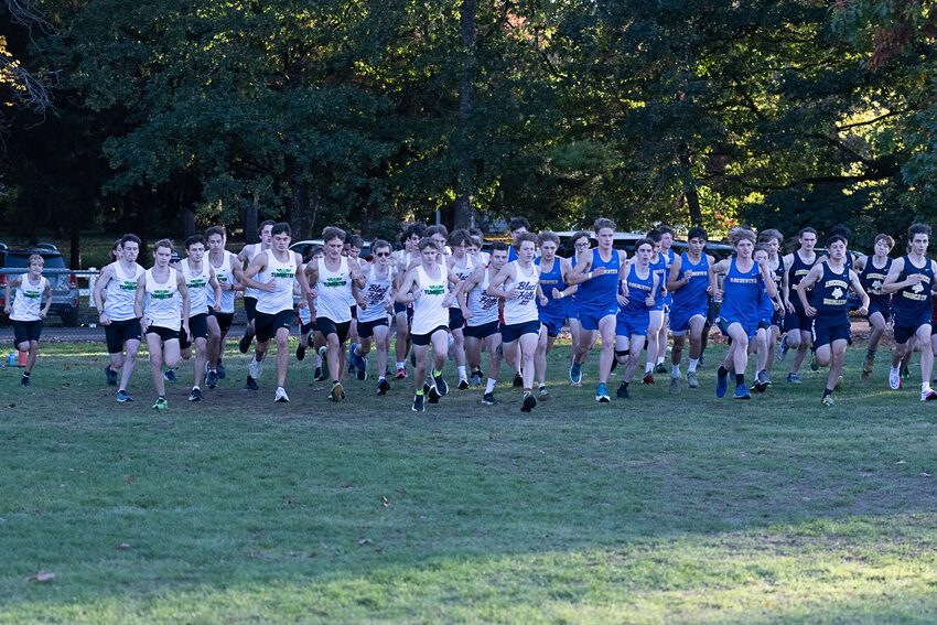 Tumwater, Black Hills and Rochester runners take off during the boys' race at the 2A EvCo championship meet on Oct. 18 at Fort Borst.