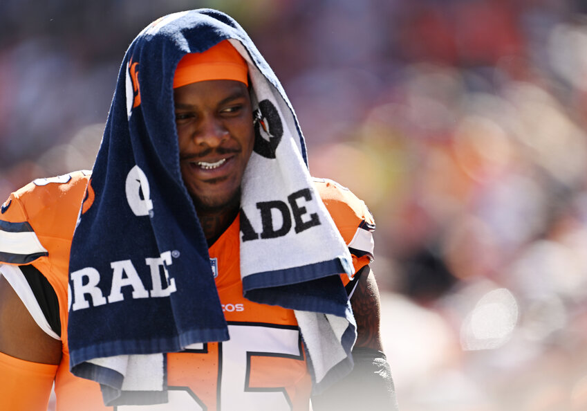 Broncos linebacker Frank Clark (55) walks the sideline on October 8, 2023 in Denver, Colorado. (Photo by RJ Sangosti/The Denver Post/TNS)