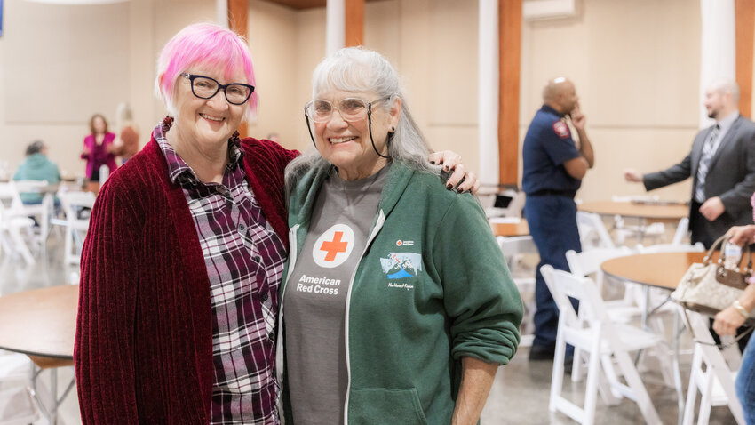 Edna Fund, left, smiles for a photo alongside Michaelle Fries during a meeting in Chehalis on Thursday, Oct. 19.