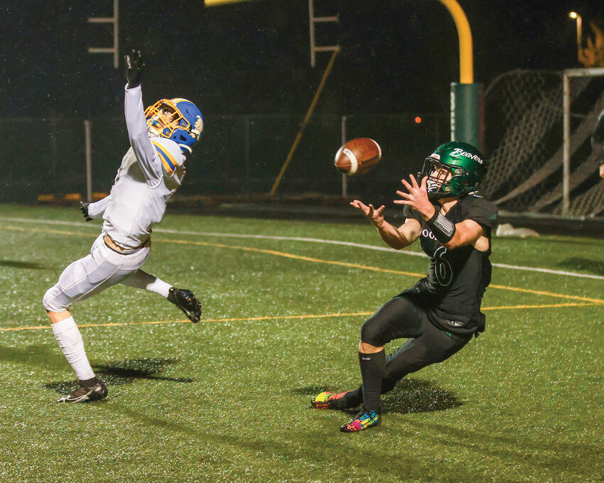 Woodland&rsquo;s Elijah Andersen makes a touchdown catch during the Beavers&rsquo; 33-8 win over the Rochester Warriors on Friday, Nov. 3.