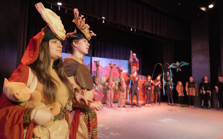 Bell Taylor as Sarabi and Ammon Satterfield as Mufasa perform on stage during dress rehearsals for The Lion King at W.F. West High School in Chehalis on Thursday, Nov. 30.