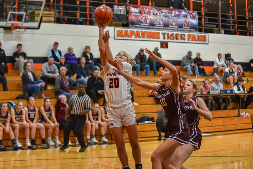 Taylen Evander takes a shot during a 64-20 win over Montesano Dec. 5. in Napavine