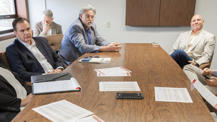 State Senate Republican Leader John Braun, R-Centralia, State Rep. Ed Orcutt and State Rep. Peter Abbarno along with members of their staff, talk with members of the press about the upcoming legislative session during a visit to The Chronicle in Centralia on Thursday, Dec 14, 2023.