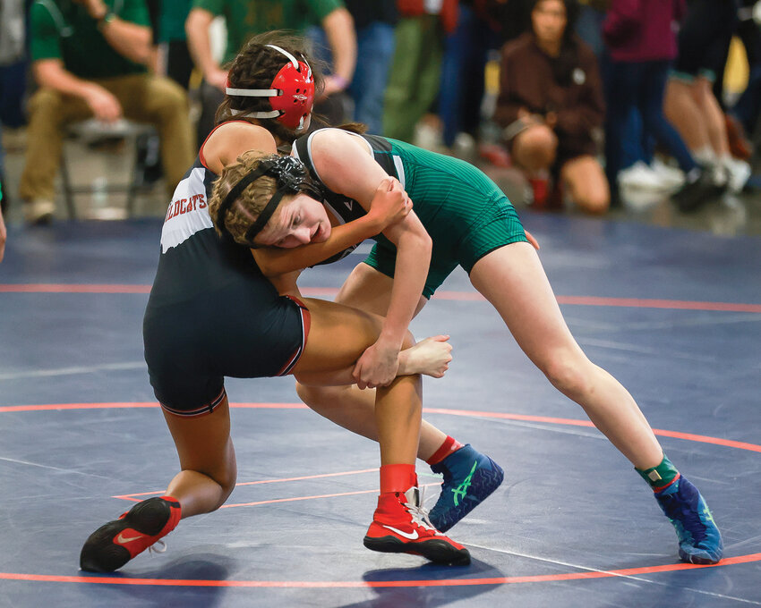 Woodland&rsquo;s Couly McReynolds wrestles against her opponent from Toppenish in the PAC Coast Wrestling Championships, which featured 140 teams from Washington and Oregon, on Thursday, Dec. 21 and Friday, Dec. 22 at the Clark County Event Center.