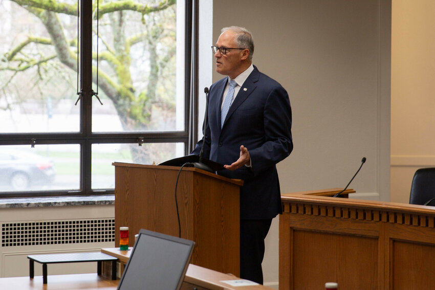 Gov. Jay Inslee appears for a media briefing to mark the Jan. 8 start of the new legislative session on Thursday at the Capitol campus in Olympia.