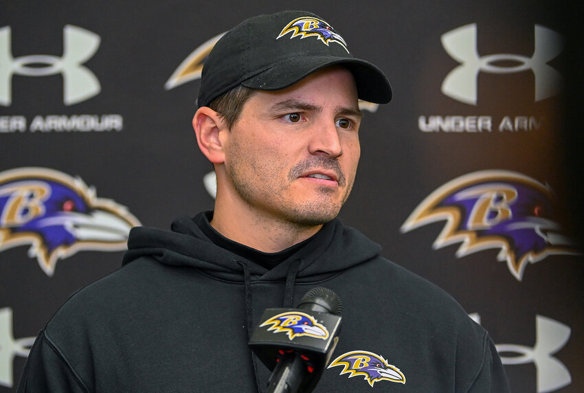 Baltimore Ravens defensive coordinator Mike MacDonald talks with the media after practice at Under Armour Performance Center. (Kevin Richardson/Staff Photo/TNS)