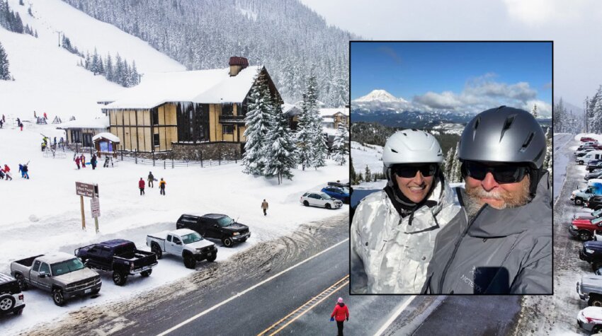 Russell and Jana Pusc are pictured in this image overlayed on a photo of the White Pass Ski Area.