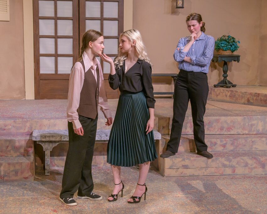 The cast of Centralia College&rsquo;s production of &ldquo;Much Ado About Nothing&rdquo; performs on stage at the Wickstrom Studio Theater in Centralia during a dress rehearsal on Monday, Feb. 12.