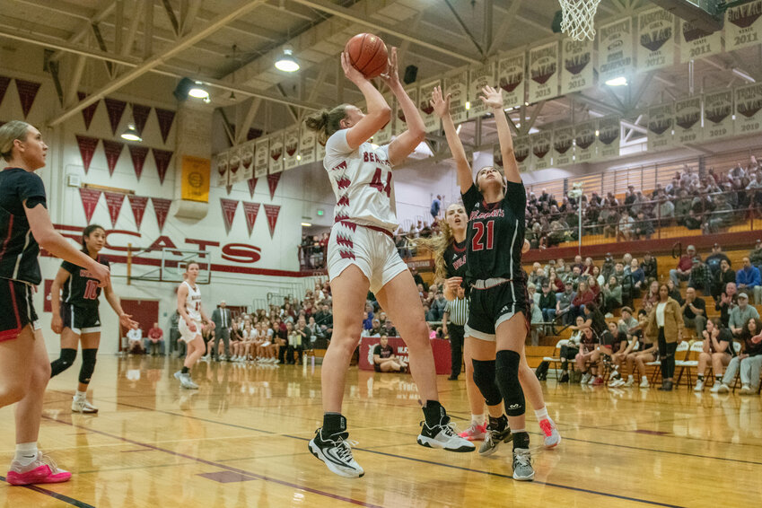 Julia Dalan takes a shot during W.F. West's loss to Archbishop Murphy on Feb. 23.