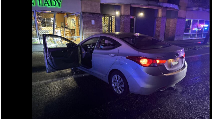 A stolen car was driven into a west side pot shop early Monday morning, according to Olympia police.
