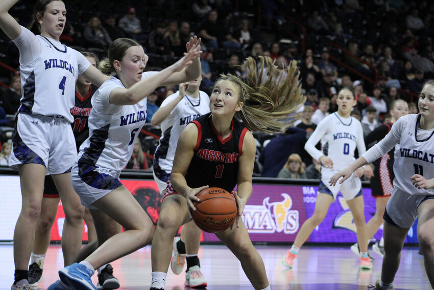 Taylor Schwartz pump fakes in the paint during Mossyrock's 1B Round of 12 matchup against Wilbur-Creston-Keller on Feb. 28.