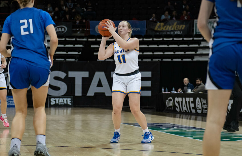 Kendall Humphrey shoots a three during Adna&rsquo;s 2B quarterfinal win over Toutle Lake on Feb. 29 in Spokane Arena.