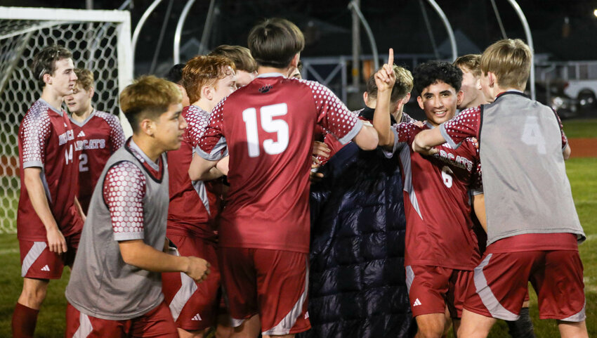 W.F. West's Rafael Mendez (6) holds up his finger after scoring the match-winning penalty kick in a shootout win over Aberdeen on March 15 in Chehalis.