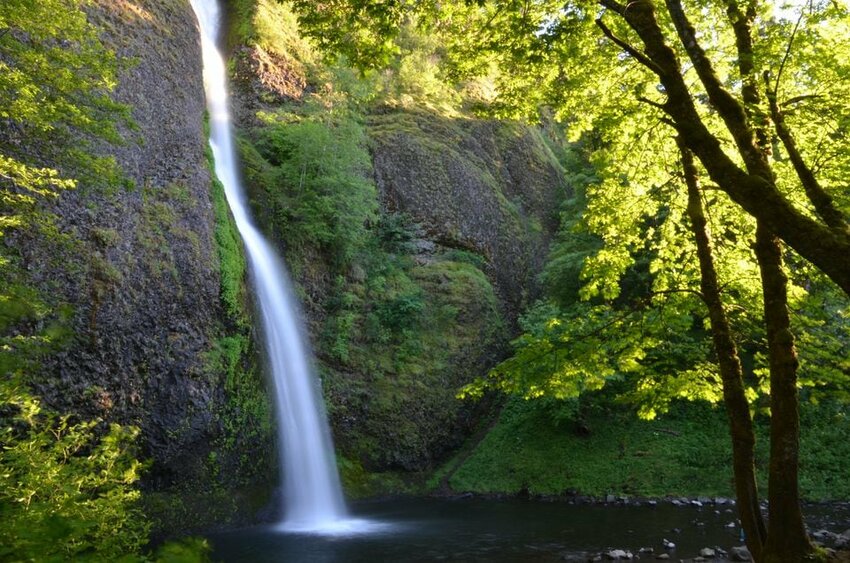 Horsetail Falls is a popular waterfall accessed by a trailhead just east of Multnomah Falls.