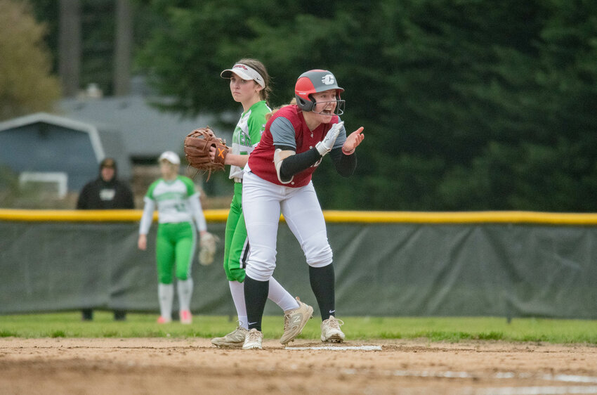 Lena Fragner celebrates after hitting a double during Tumwater&rsquo;s win over W.F. West on March 20.