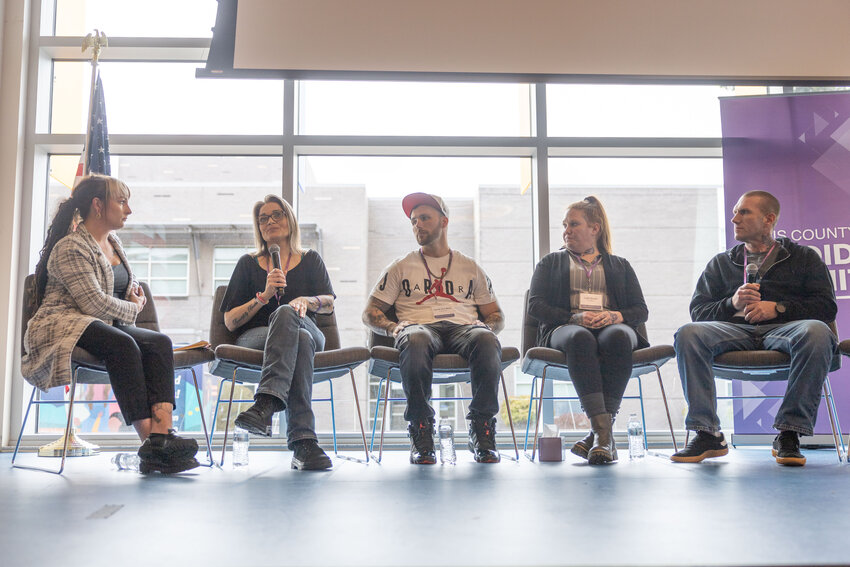 From the left, Caitlin Rogers, Brooke Reder, Daniel &ldquo;DJ&rdquo; Miller, Leah Rader and Bryan Sturgill speak about their lived experience with opioids during the Opioid Summit at Centralia College on Thursday, March 28.