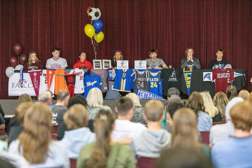 W.F. West students prepare to sign for their chosen colleges at W.F. West High School on Tuesday, April 23.
