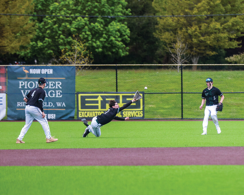 Woodland&rsquo;s Brett Martynowicz took to center field after his pitching performance in an 8-0 loss to the Ridgefield Spudders on Wednesday, May 1, where Martynowicz made back-to-back diving efforts for outs.