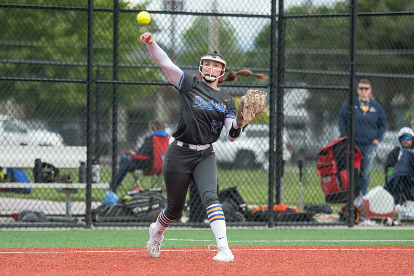 Rochester's Layna Demers throws to first during a game versus Mark Morris at the 2A District 4 Tournament at Recreation Park on Thursday, May 16, 2024.