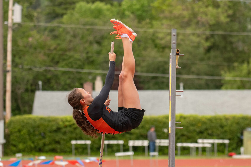 Rainier's Ella Marvin pole vaults during the 2B district 4 track and field championships at W.F. West high school on Friday, May 17.