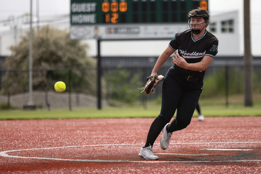 Woodland&rsquo;s Gracelynn Huffman throws a pitch during a high school softball game at Recreation Park in Chehalis on Thursday, May 16.