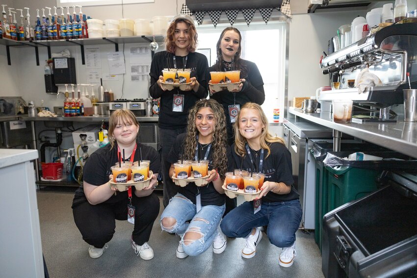 W.F. West students pose for a photo with &ldquo;Bearcat&rdquo; drinks at Lewis County Coffee Co. in Chehalis on Tuesday, May 21.