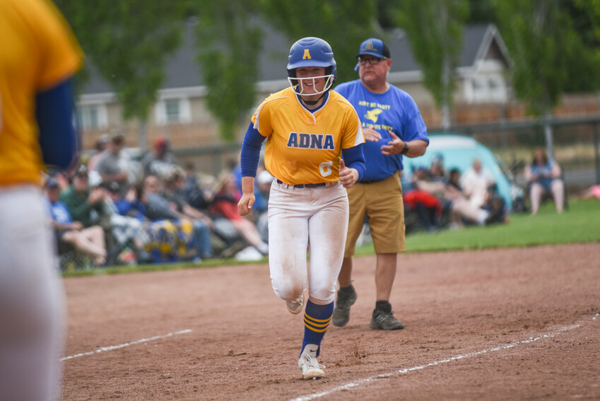 Adna&rsquo;s Kendall Humphrey heads towards home after hitting a home run during the 2B softball quarterfinals at Gateway Sports Complex in Yakima on Friday, May 24.