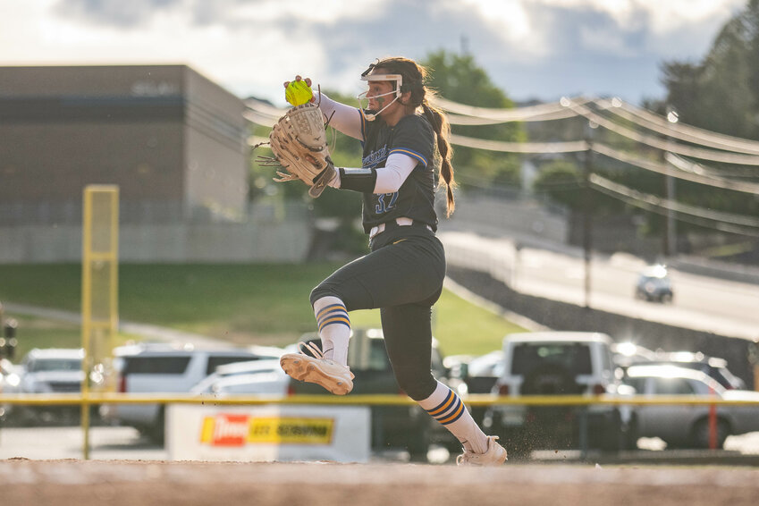 Layna Demers throws a pitch during a 2A State Softball tournament elimination game between Rochester and Lynden at Carlon Park in Selah on Friday, May 24.