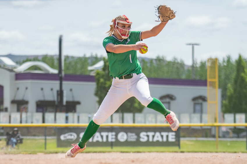 Ella Ferguson throws a pitch during Tumwater&rsquo;s 2A State Softball Tournament Semifinal win over North Kitsap at Carlon Park in Selah on Friday, May 24, 2024.