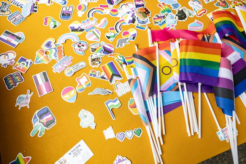 FILE PHOTO &mdash; Stickers and flags for people to pick up during &ldquo;Live, Love, Bee&rdquo; Pine Street Pride celebration Centralia on Saturday, June 1, 2024.