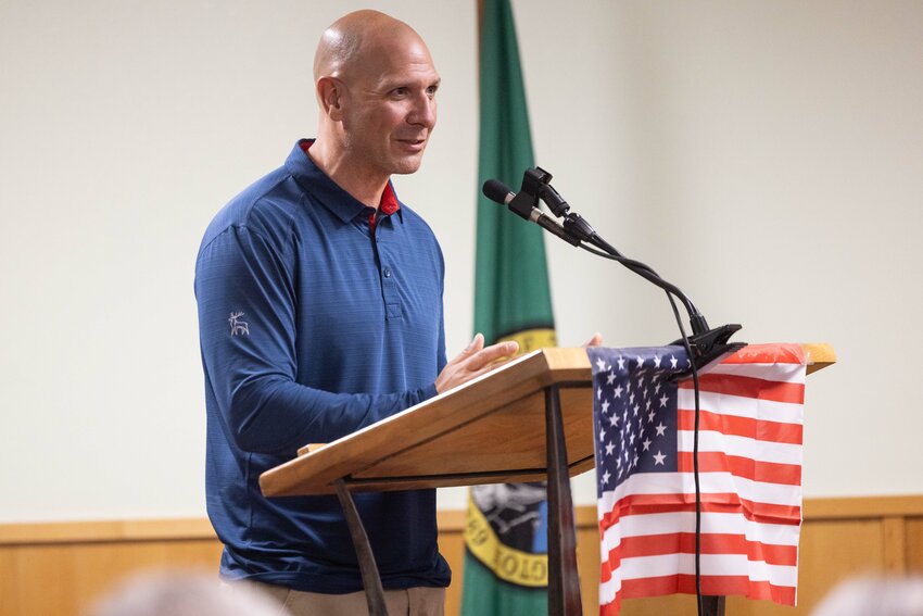 Rep. Peter Abbarno speaks at the East Lewis County Candidate Forum at the Mossyrock Community Center on Wednesday, July 24.