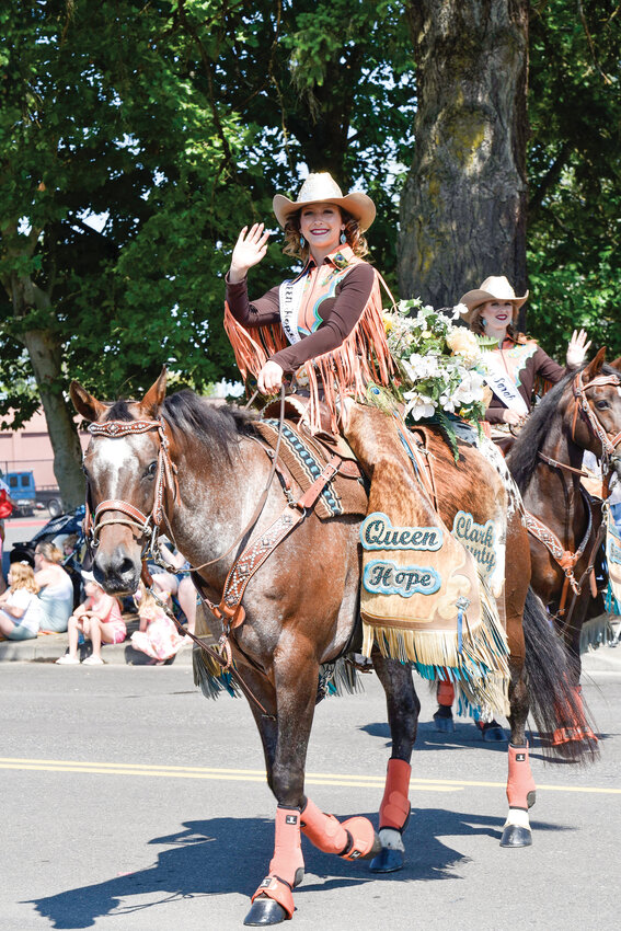 The 2024 Clark County Fair Court ambassadors, Queen Hope Roberts (right) and Princess Sarah Payne, represent the fair at several events and parades, including the Harvest Days parade in Battle Ground. A new pair will be crowned at 5 p.m. on Sunday, Aug. 11, at the Kids&rsquo; Park Stage at the Clark County Fairgrounds.